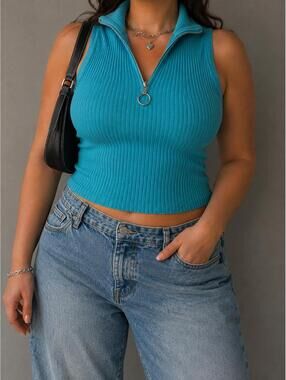 CTM Turquoise Ribbed Sleeveless Zip-Front Top, Women's Large
